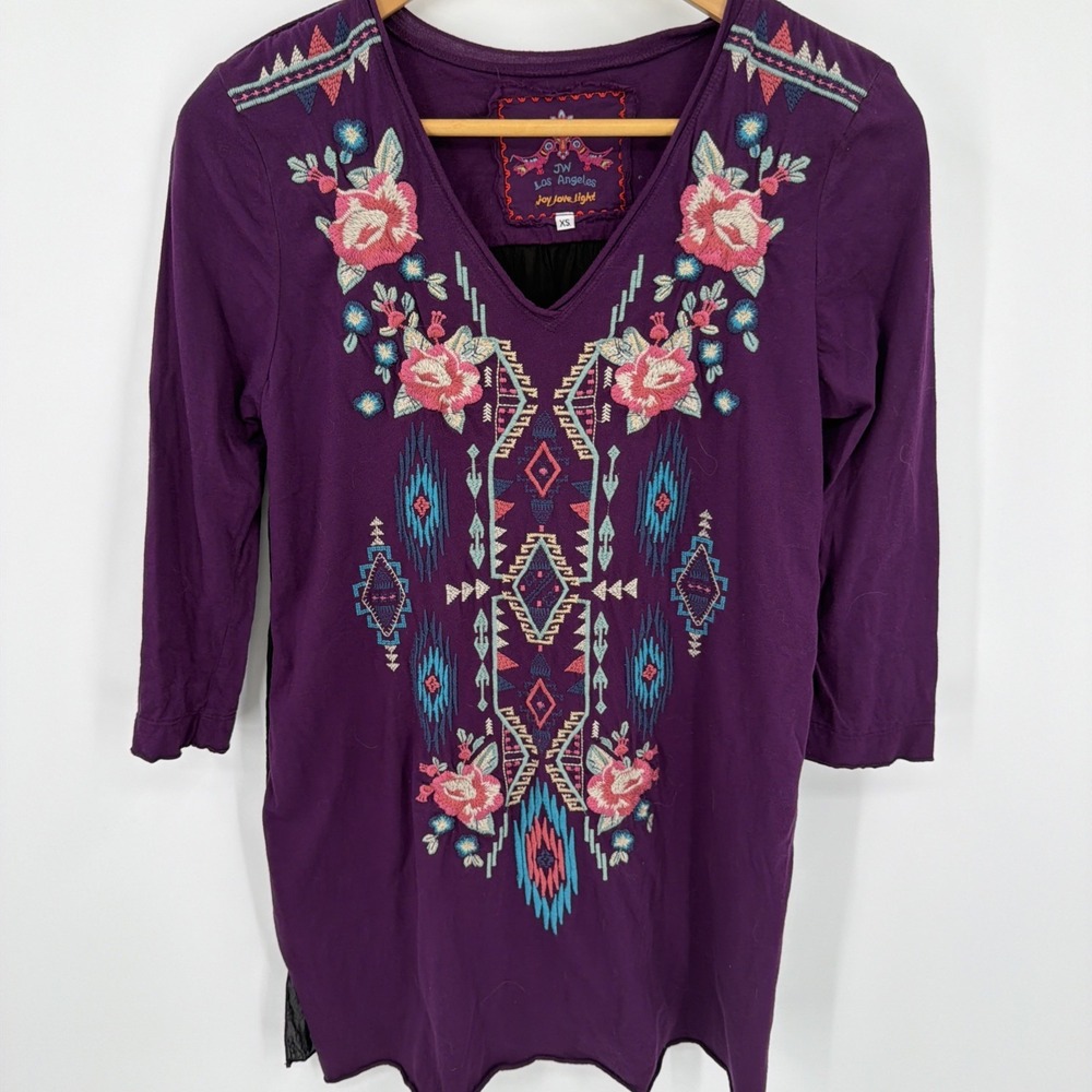 Johnny Was JWLA Embroidered Purple Boho XS Tunic Top Sheer‎ Back Aztec Southwest